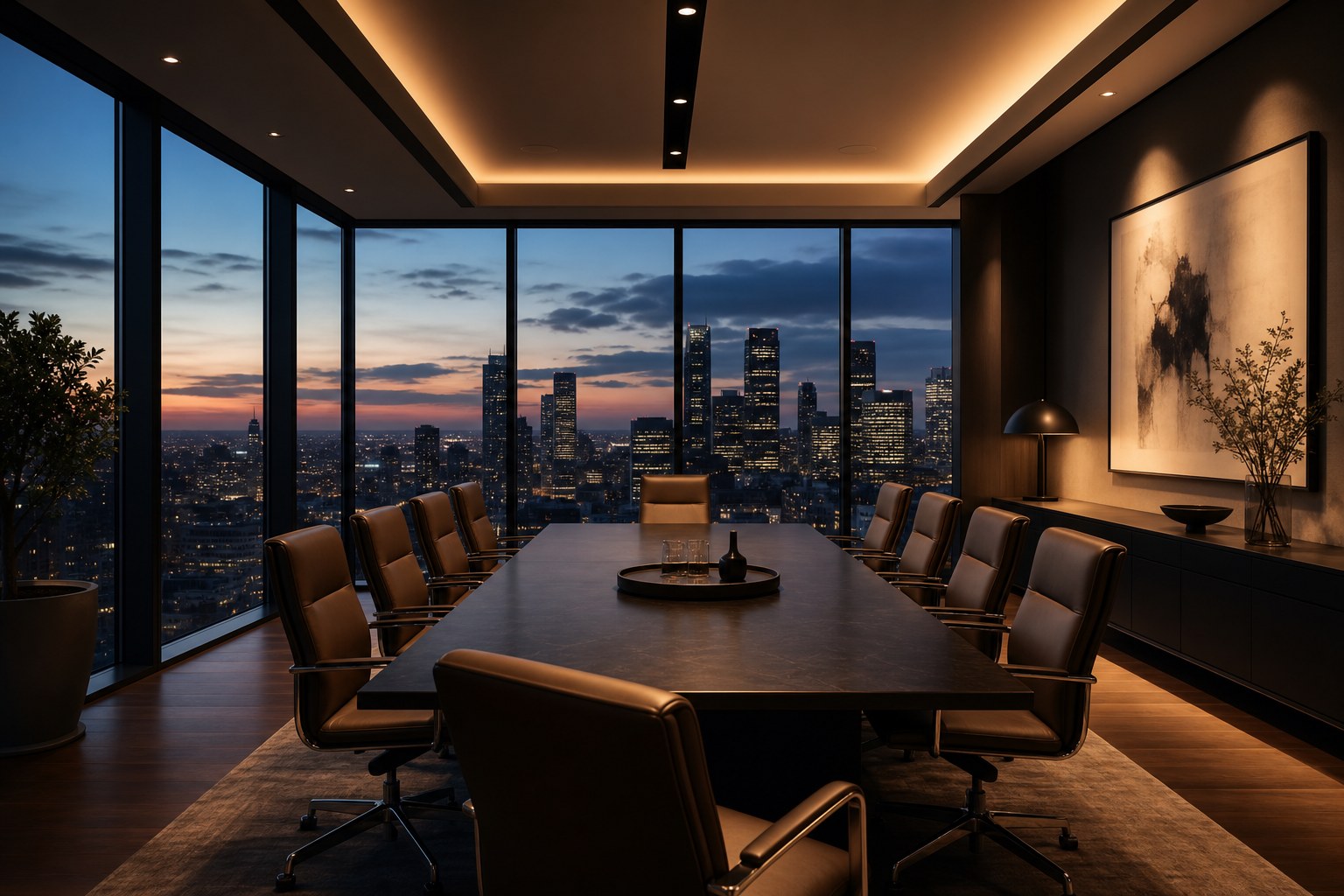 The Pillarbox Media boardroom at dusk
